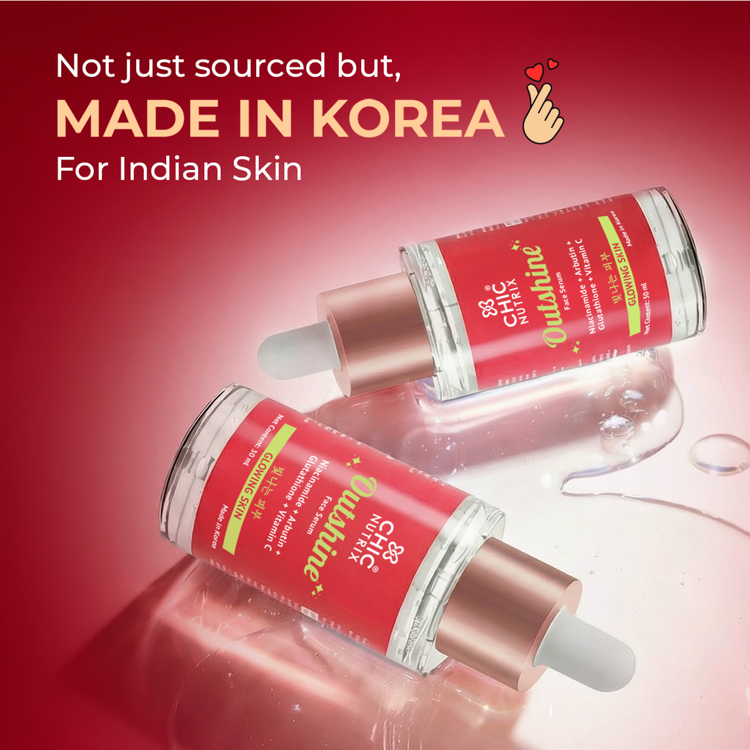 Chicnutrix Outshine Face Serum 30 ml bottles, made in Korea for Indian skin