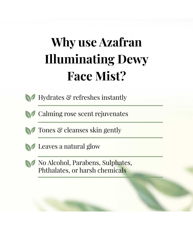 Azafran Illuminating Dewy Face Mist benefits hydrates and refreshes, no alcohol, parabens or sulphates