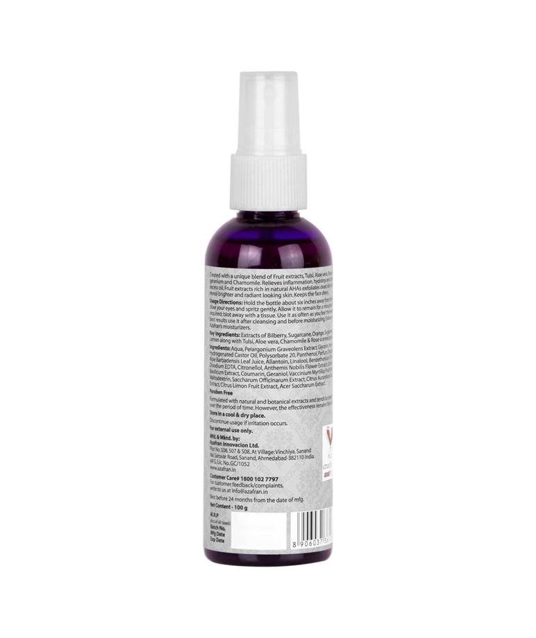 Azafran Illuminating Dewy Face Mist 100g back label usage directions and ingredients list