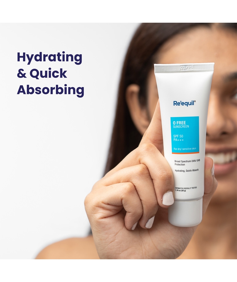 Re'equil O Free Sunscreen SPF 50 PA+++ for dry sensitive skin, hydrating and quick absorbing tube