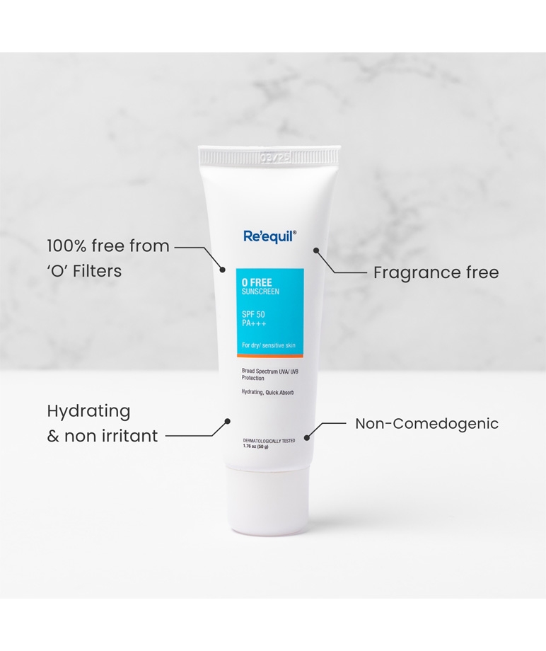 Re'equil O Free Sunscreen SPF 50 PA+++ 50g for dry sensitive skin, fragrance free and non-comedogenic claims