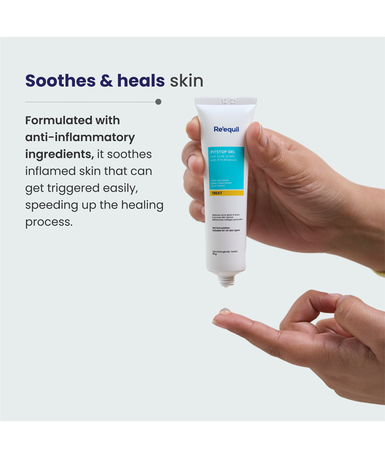Re'equil Pitstop Gel how to use, gel dispensed on fingertip, soothes and heals skin