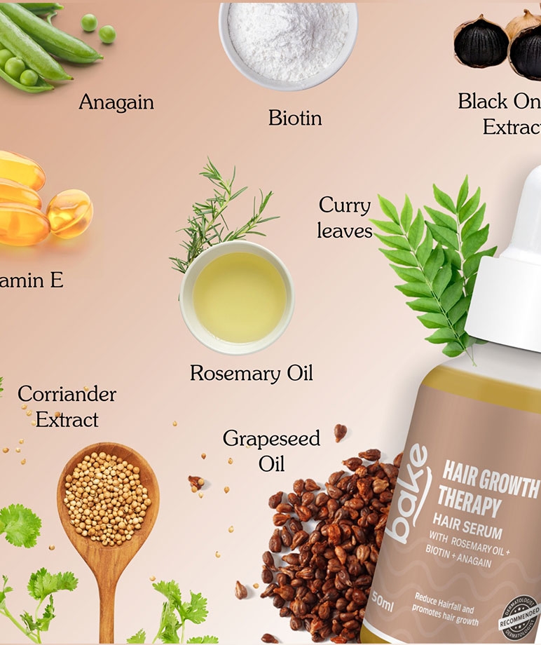BAKE Hair Growth Therapy Hair Serum 50ml ingredients: anagain, biotin, rosemary oil, curry leaves, grapeseed oil