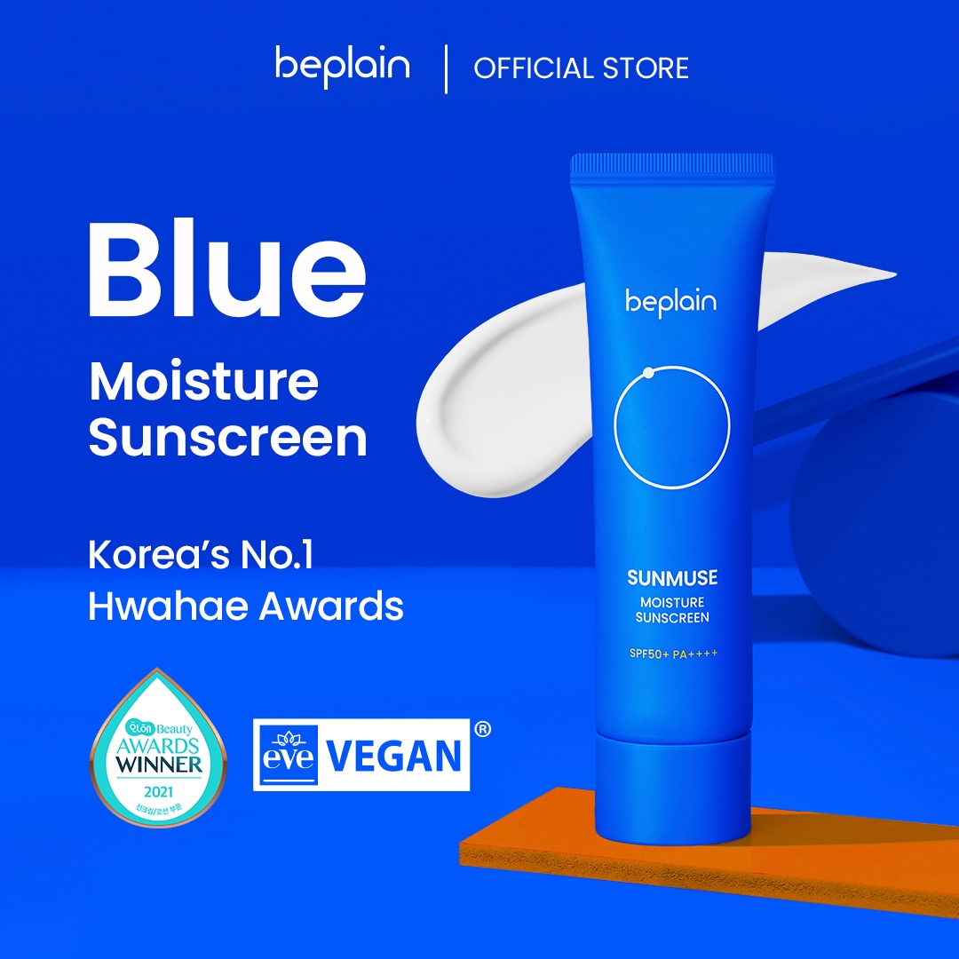 Beplain SUNMUSE Moisture Sunscreen SPF50+ PA++++ blue tube with cream swatch, vegan certified