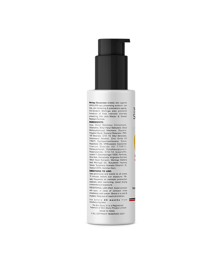 The Skin Story Moringa Sunscreen SPF 50+ 100 g ingredients and directions to use on side label