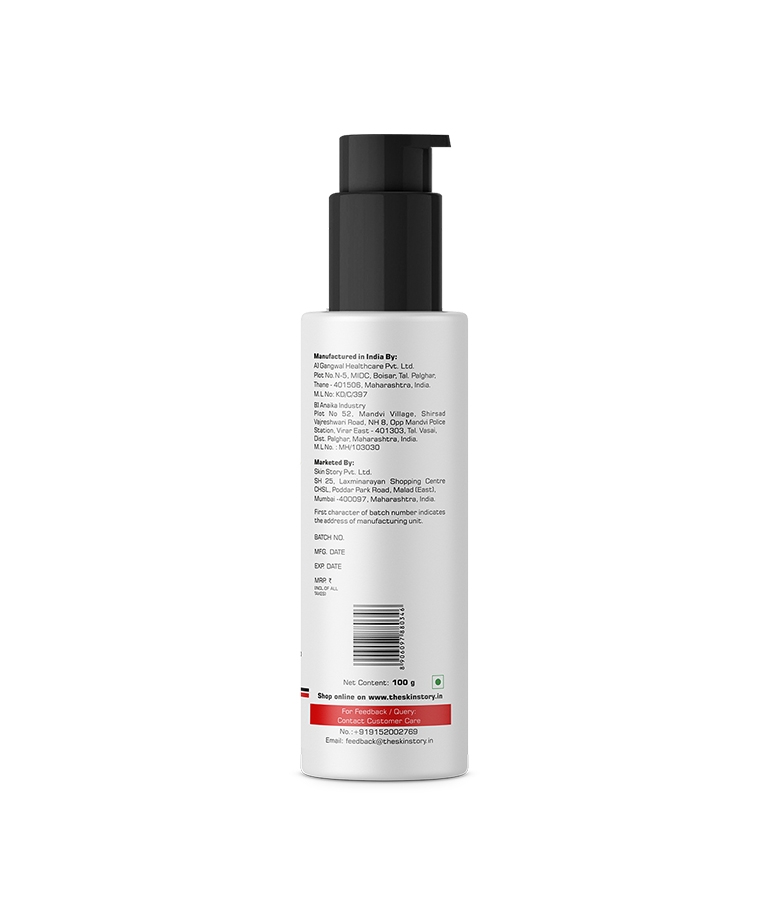 The Skin Story Moringa Sunscreen SPF 50+ 100 g back label with manufacturer details and net content