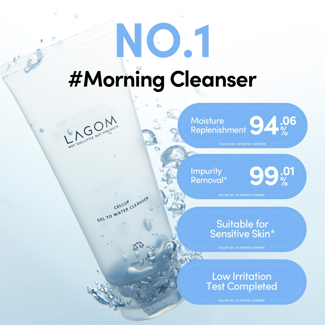 Lagom Cellup Gel to Water Cleanser morning cleanser moisture replenishment, impurity removal, low irritation test claims