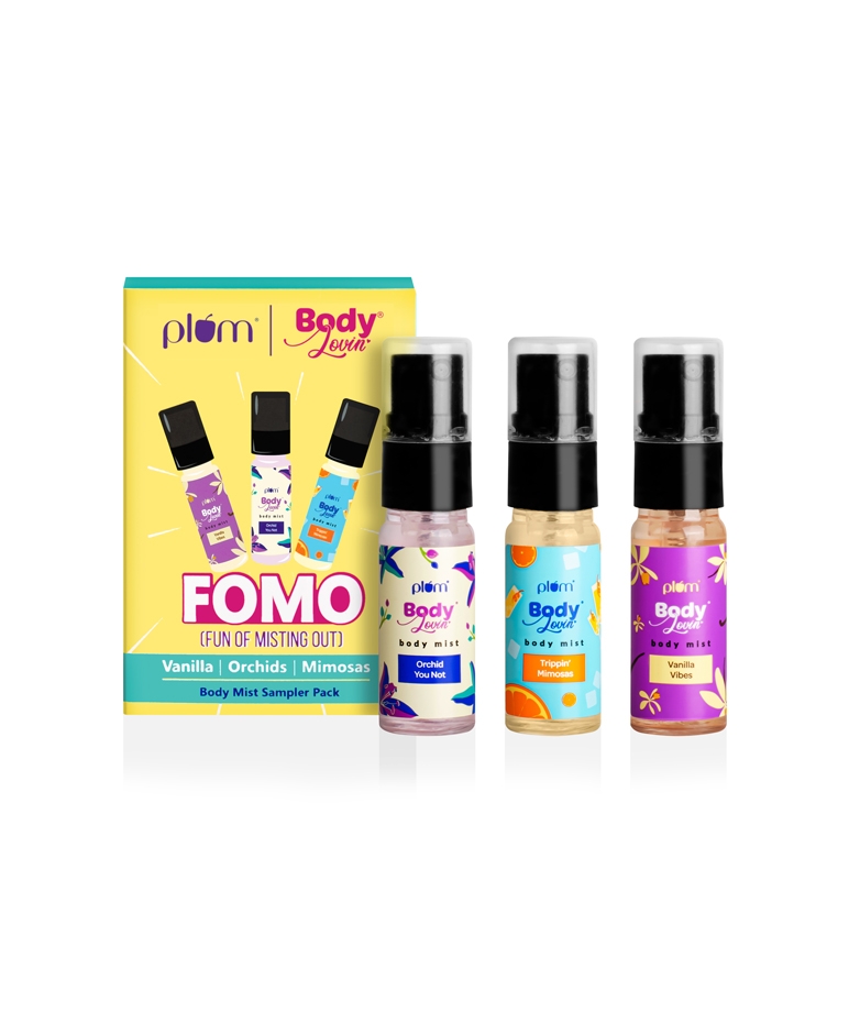 Plum BodyLovin FOMO Body Mist Sampler Pack 5ml Orchid You Not, Trippin' Mimosa, Vanilla Vibes set contents