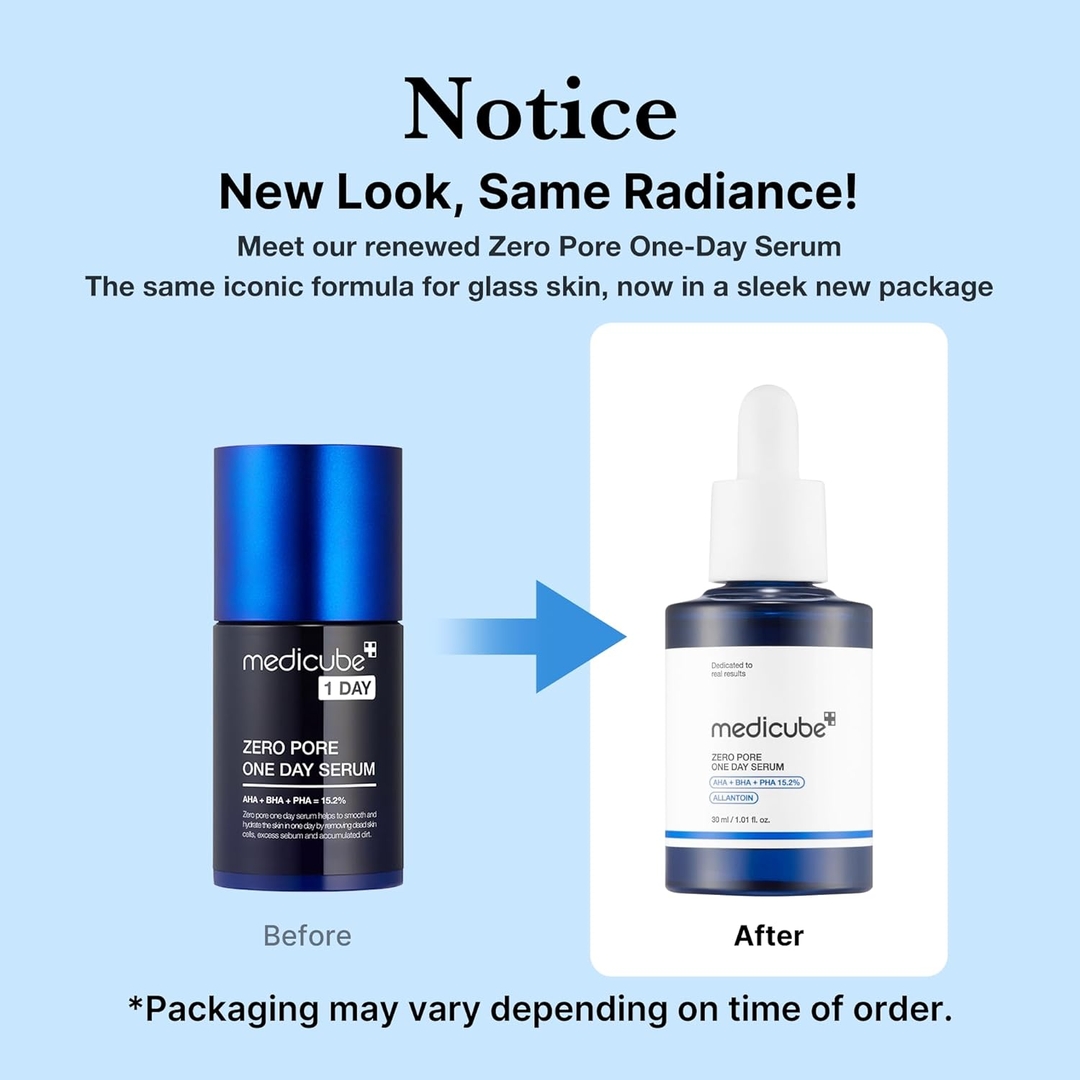 medicube ZERO PORE ONE DAY SERUM 30ml AHA BHA PHA 15.2% front of previous dark blue pump bottle