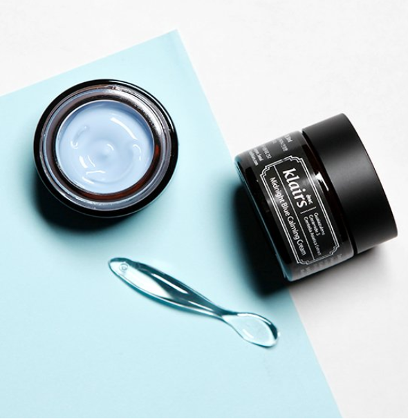 Klairs Midnight Blue Calming Cream 30g jar and open blue cream with spatula