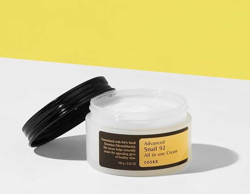 Cosrx Advanced Snail 92 All in one Cream 100g jar with outer box and cream swatch
