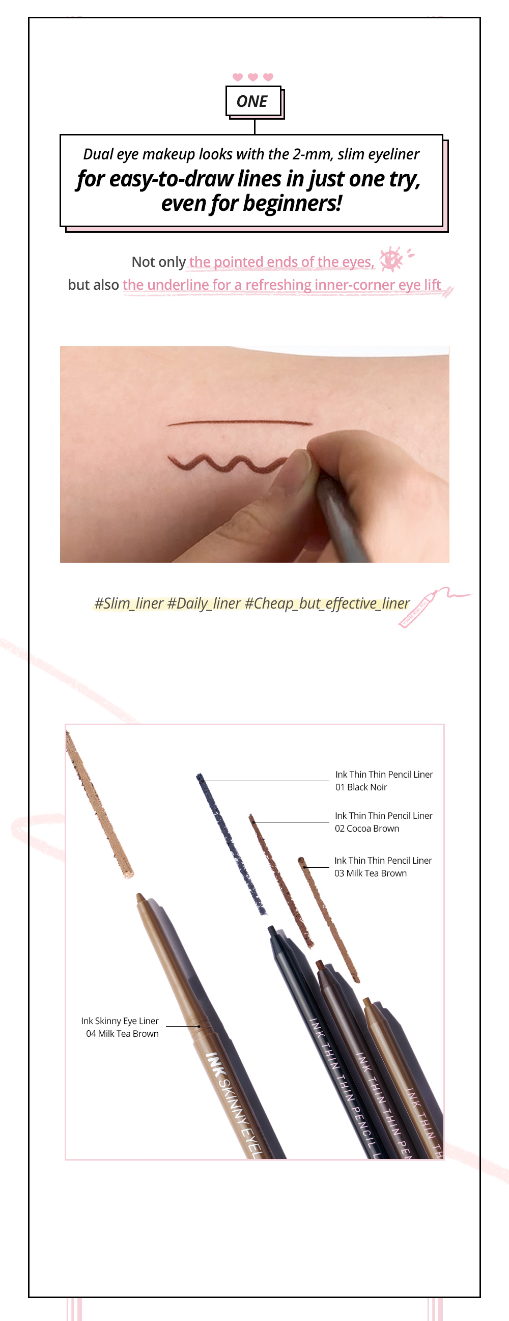 Peripera Ink Thin Thin Pencil Liner 2mm line on skin and shades 01 02 03