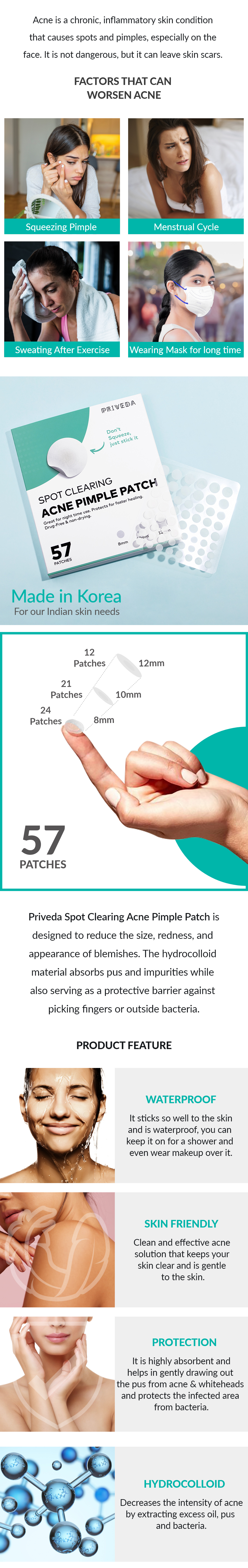 Priveda Spot Clearing Acne Pimple Patch 57 patches 8mm 10mm 12mm sizes and hydrocolloid features