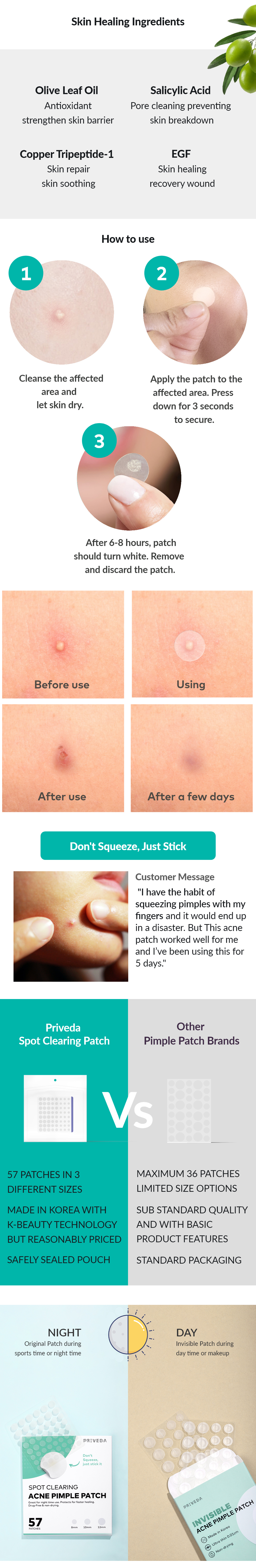 Priveda Acne Pimple Patch ingredients, how to use steps and before and after results