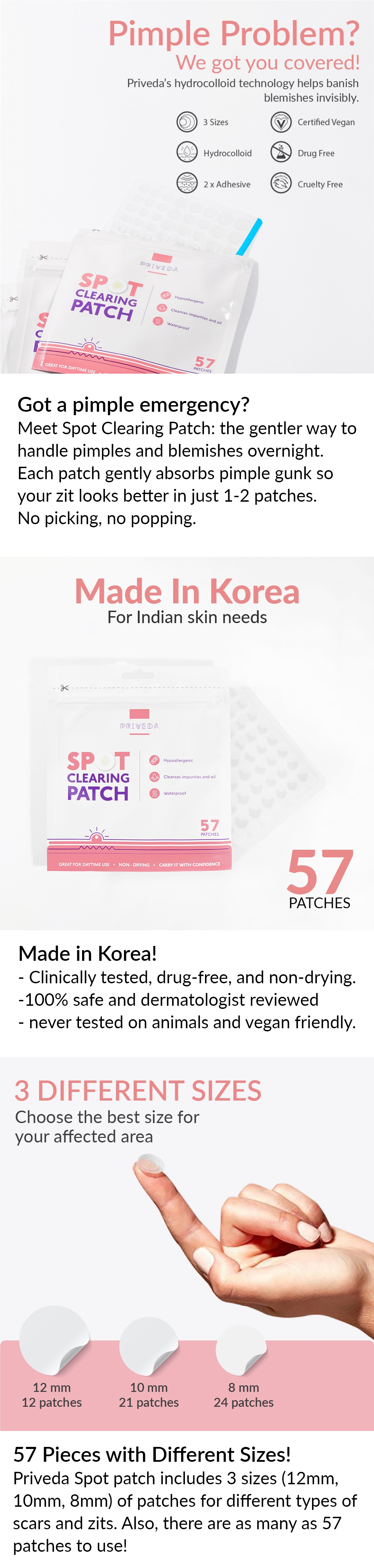 Priveda Spot Clearing Patch 57 patches features, made in Korea and 3 sizes chart