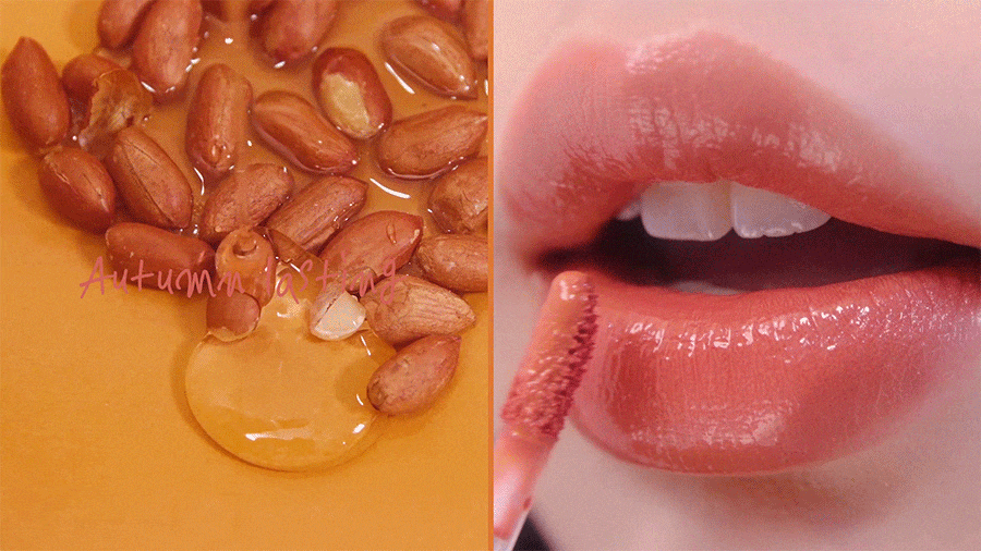 Rom&nd Juicy Lasting Tint applied on lips, glossy peach coral