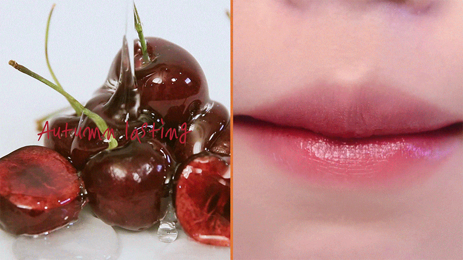 Rom&nd Juicy Lasting Tint gradient lip look, deep cherry red