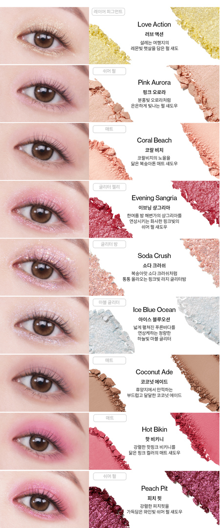 Unleashia Glitterpedia No.7 All of Peach Ade shade guide, eye looks and swatches