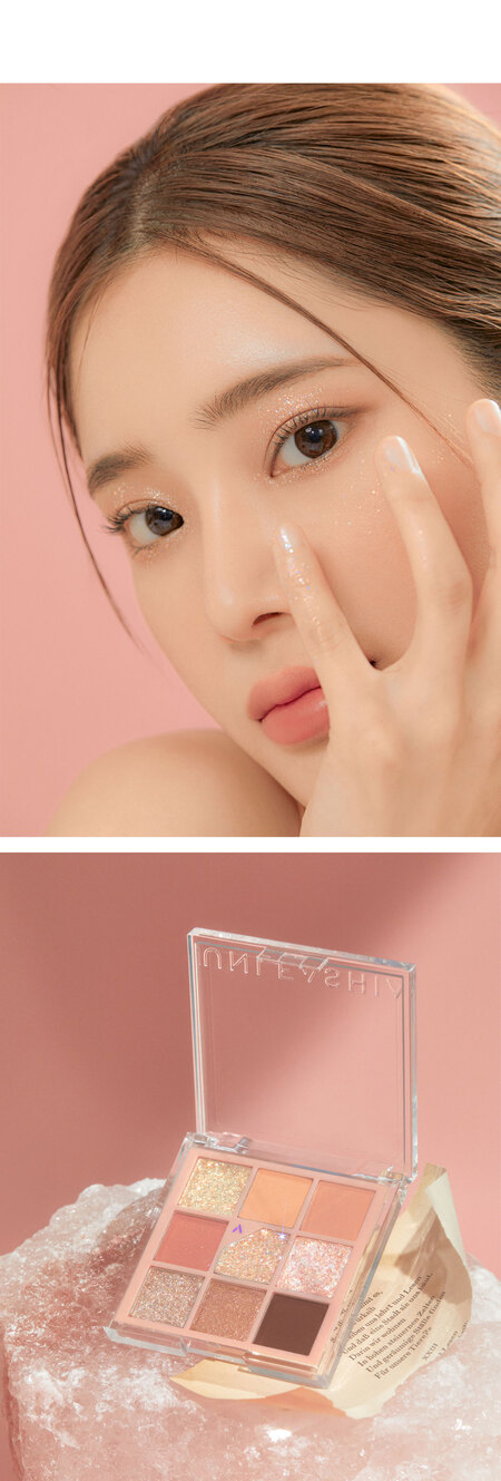 Unleashia Glitterpedia Eye Palette No.3 All of Coralpink on model with open palette