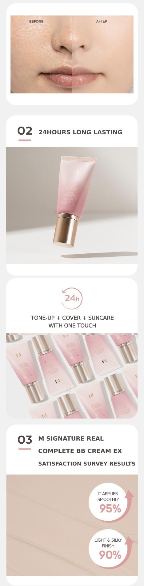 Missha M Signature Real Complete BB Cream EX before and after, 24-hour wear, satisfaction survey results
