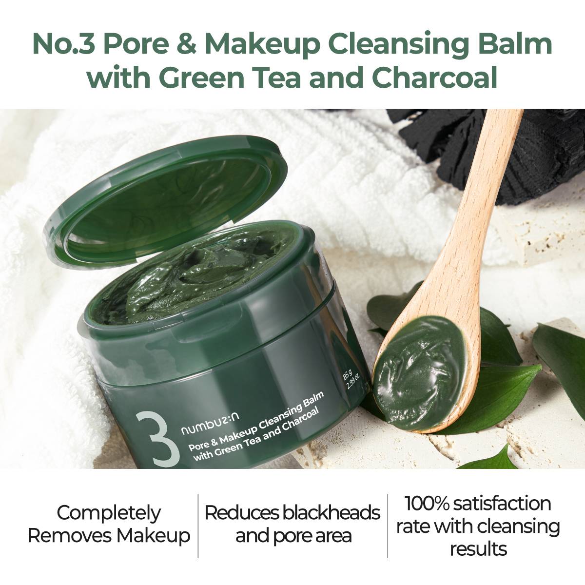 numbuzin No.3 Pore & Makeup Cleansing Balm Green Tea Charcoal 85g open jar with spatula