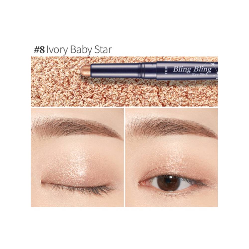 Etude Bling Bling Eye Stick #8 Ivory Baby Star swatch and eyelid look