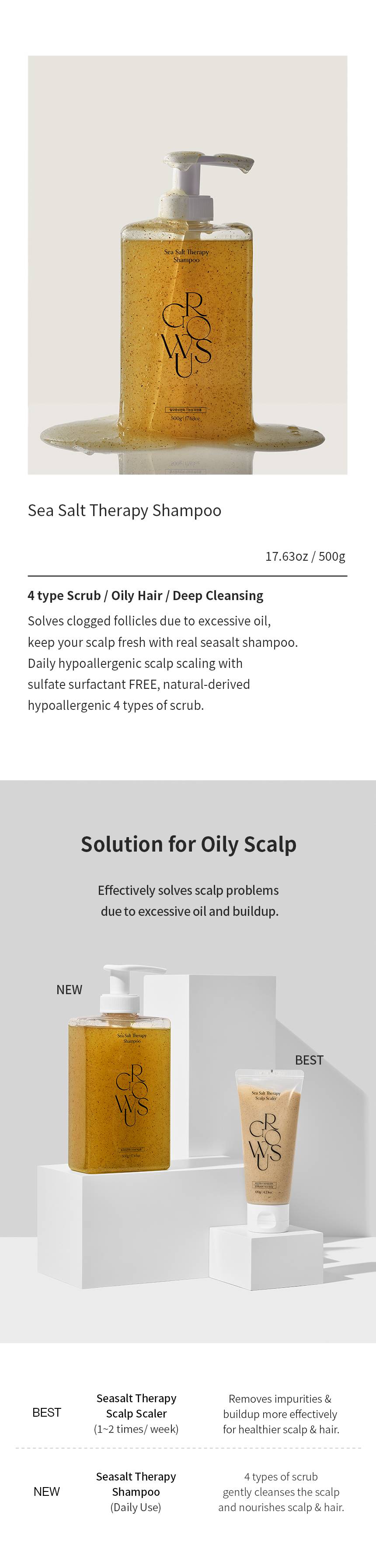 GROWUS Sea Salt Therapy Shampoo 500g oily scalp solution with Scalp Scaler 120g comparison