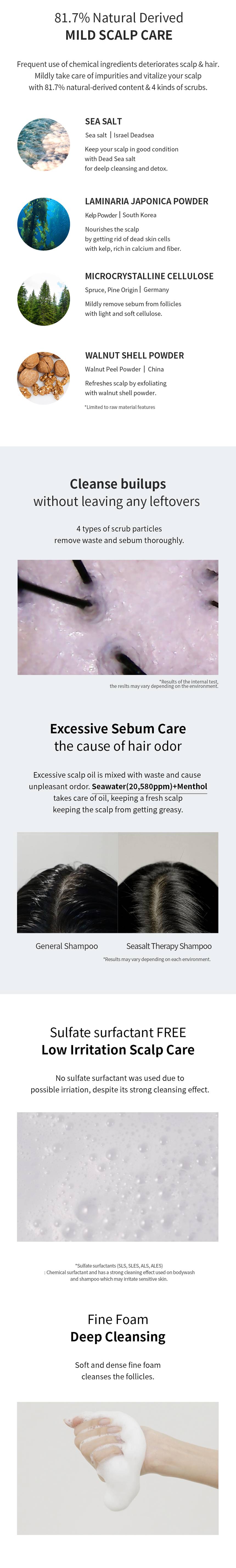 GROWUS Sea Salt Therapy Shampoo 81.7% natural derived ingredients, sulfate free, fine foam, before and after