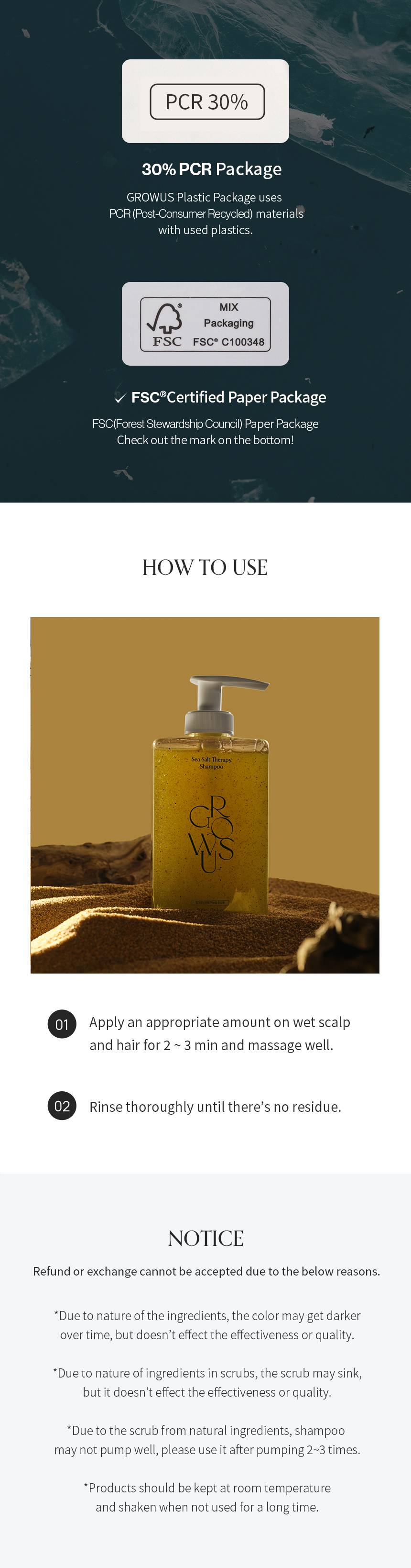 GROWUS Sea Salt Therapy Shampoo how to use, 30% PCR plastic and FSC certified paper packaging