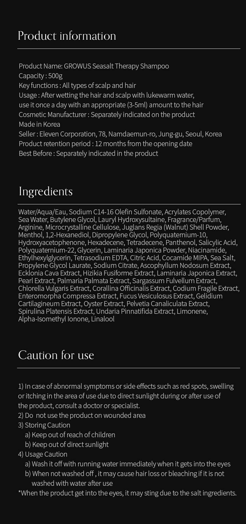 GROWUS Sea Salt Therapy Shampoo 500g ingredients list, product information and caution for use