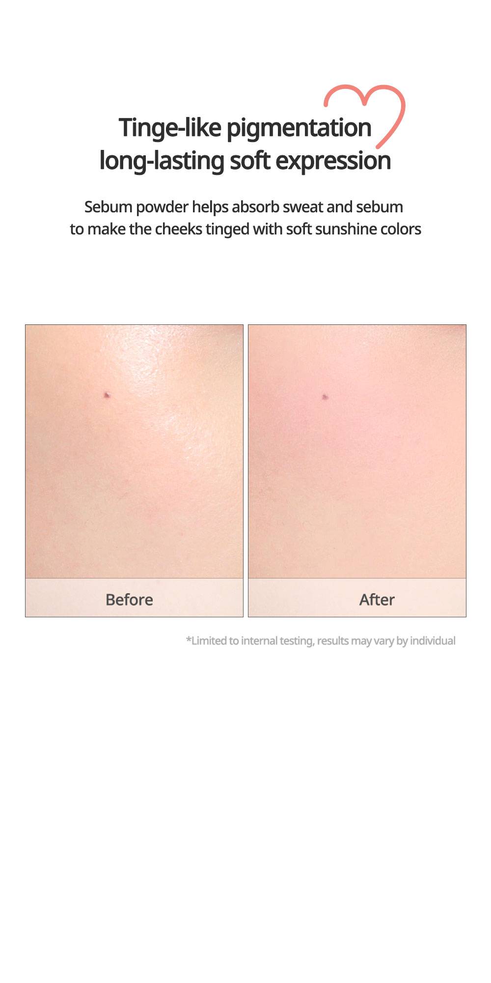 Peripera Pure Blushed Sunshine Cheek before and after on cheek, long-lasting