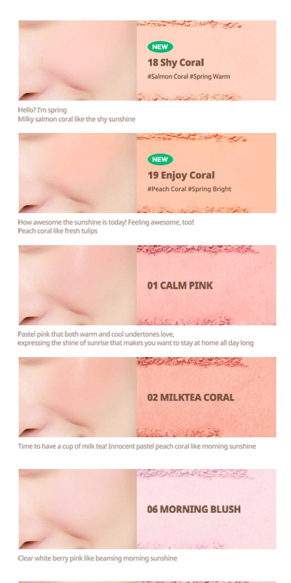 Peripera Pure Blushed Sunshine Cheek shade swatches 18, 19, 01, 02, 06 on cheek