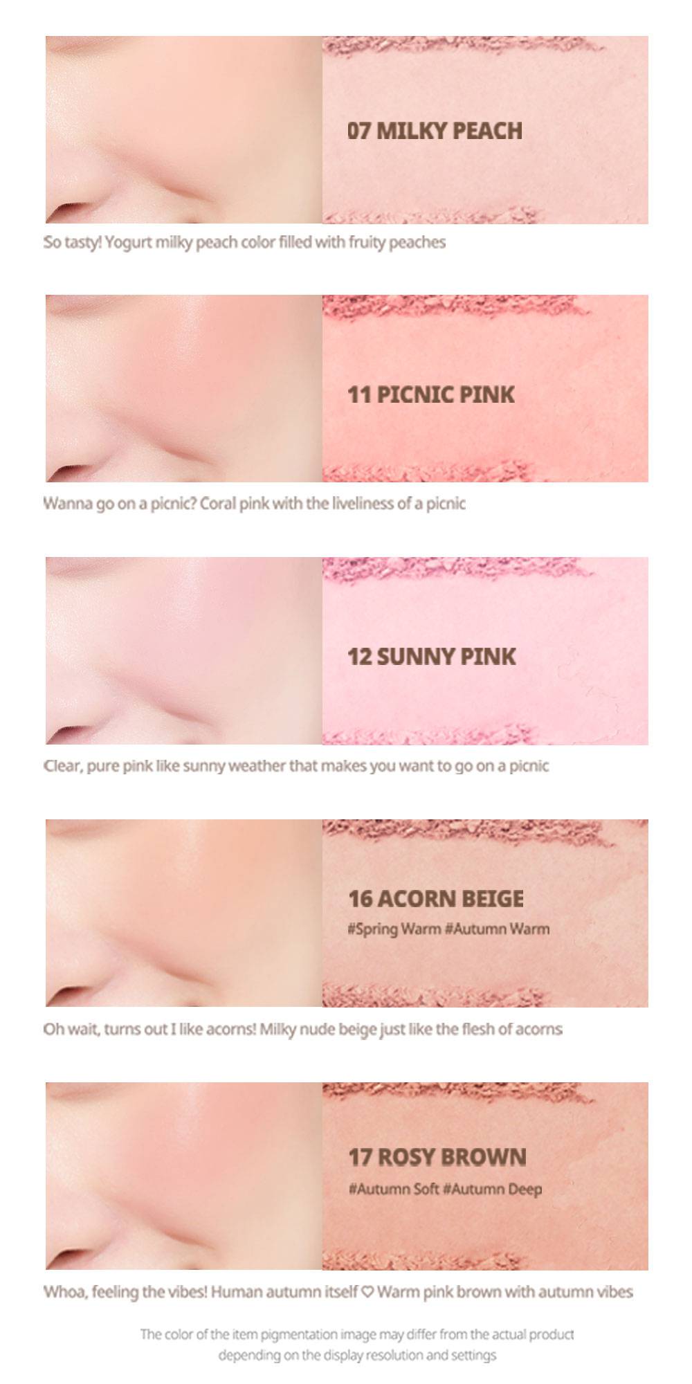 Peripera Pure Blushed Sunshine Cheek shade swatches 07, 11, 12, 16, 17 on cheek