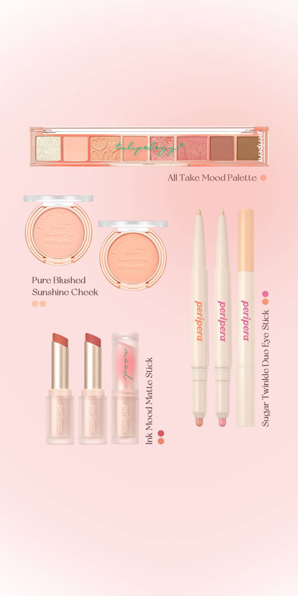 Peripera Tulipology collection lineup with Pure Blushed Sunshine Cheek, eye palette, lip sticks