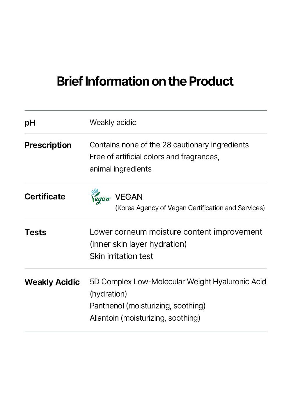 Torriden DIVE-IN Hyaluronic Acid Mask product information table, vegan certificate, key ingredients