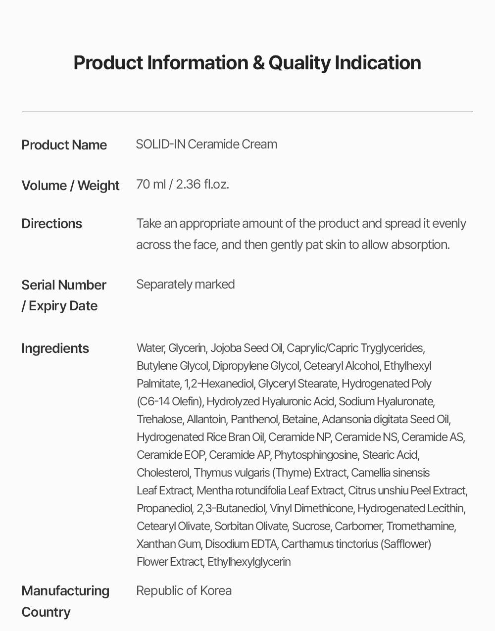 Torriden SOLID-IN Ceramide Cream 70ml full ingredients list and directions