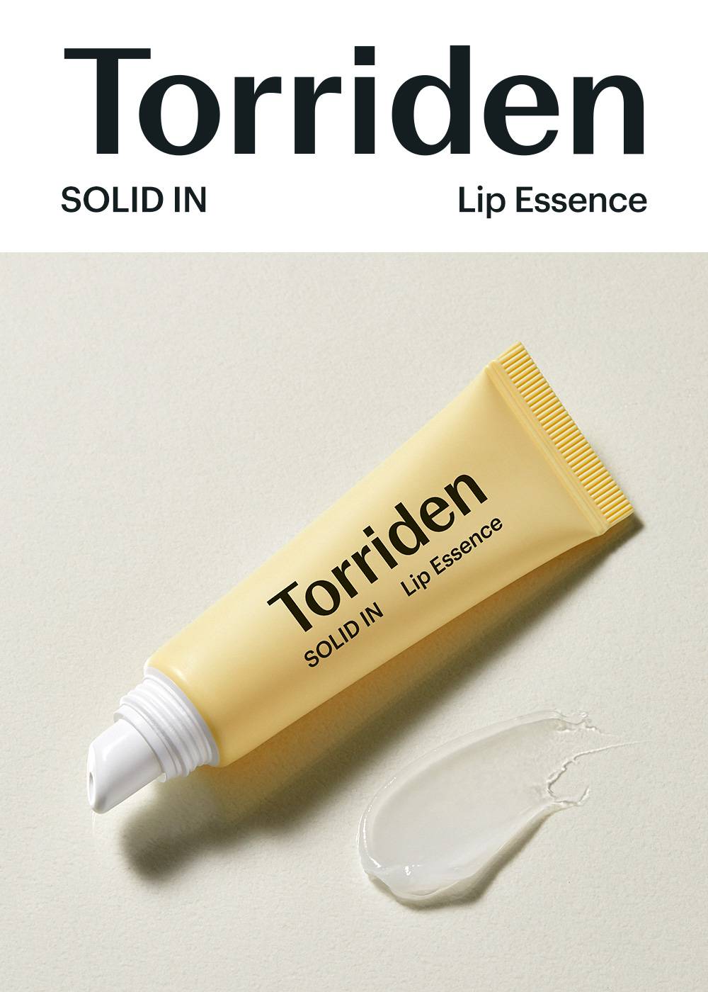 Torriden SOLID-IN Ceramide Lip Essence 11ml tube front with clear gel texture swatch