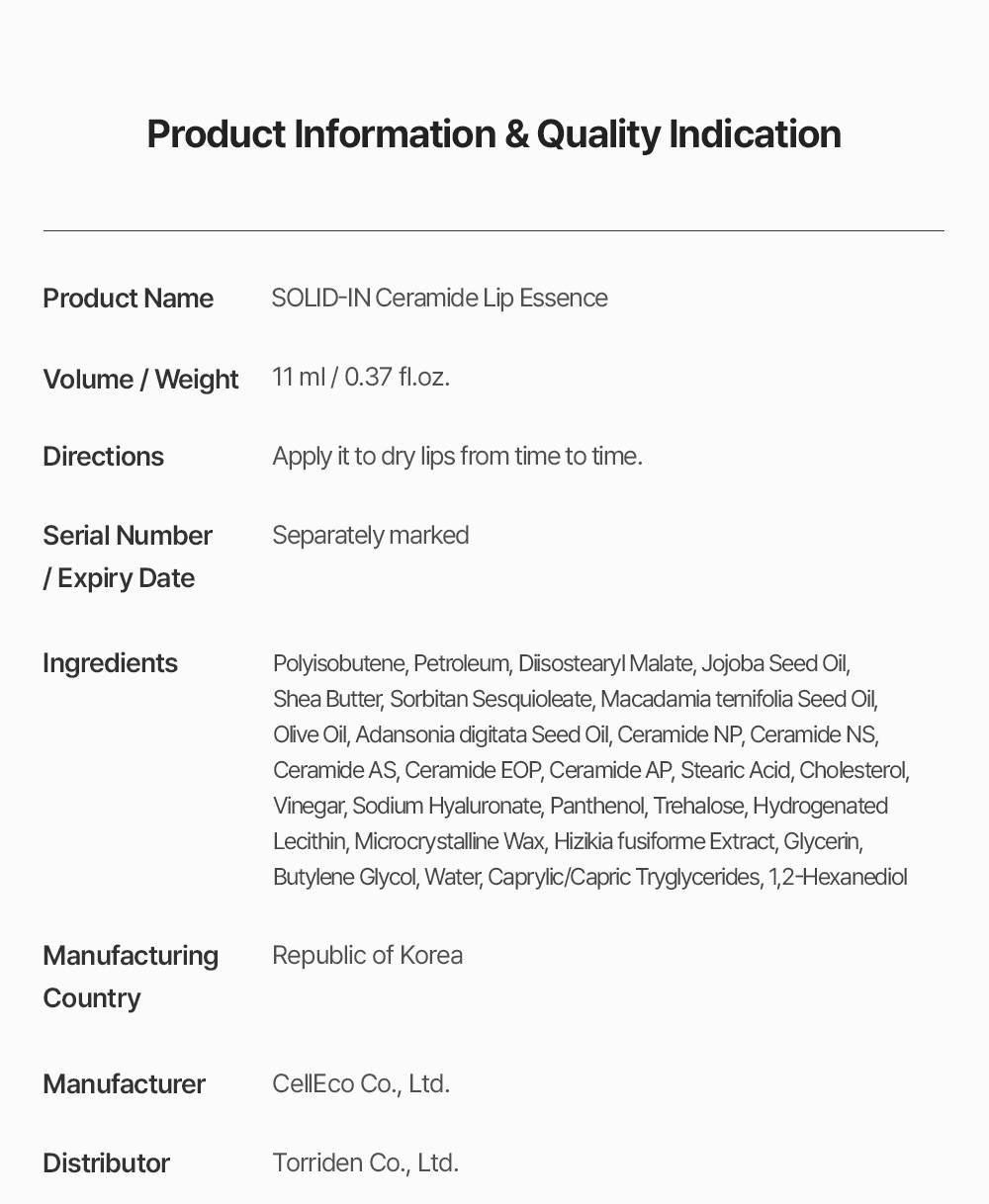 Torriden SOLID-IN Ceramide Lip Essence 11ml / 0.37 fl.oz. full ingredients list and directions
