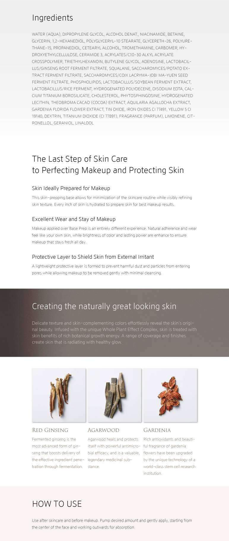 YUNJAC Skin Perfecting Protective Base Prep ingredients, red ginseng, agarwood, gardenia, how to use