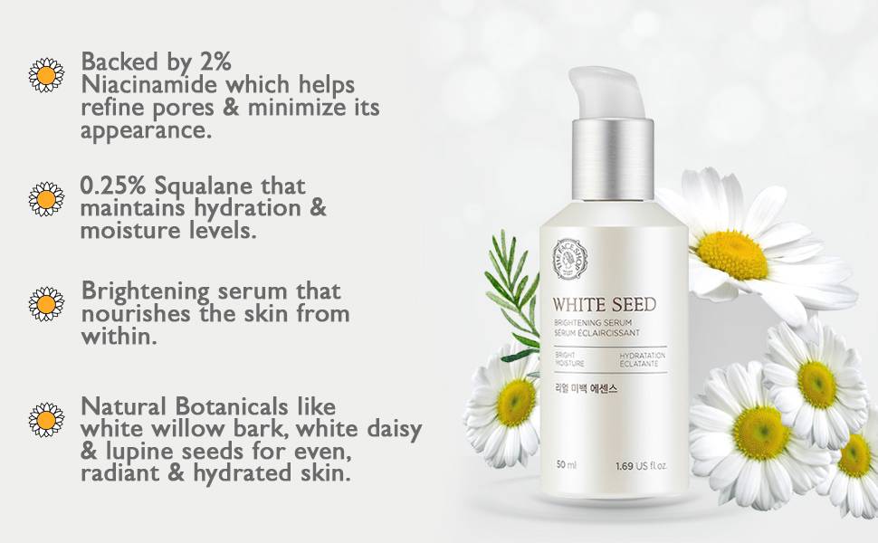 The Face Shop White Seed Brightening Serum 50ml key benefits, niacinamide and squalane