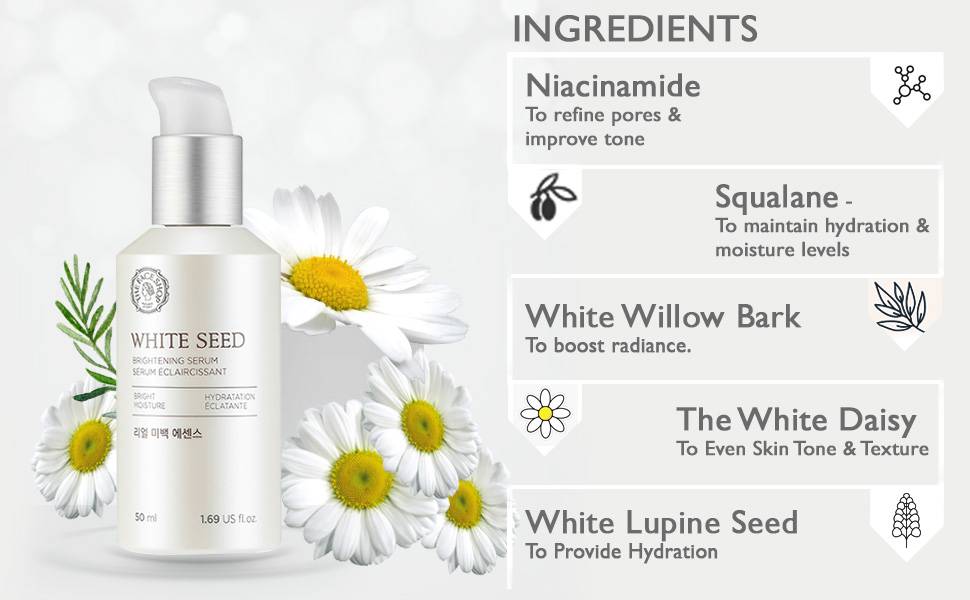 The Face Shop White Seed Brightening Serum 50ml ingredients chart, niacinamide and white daisy