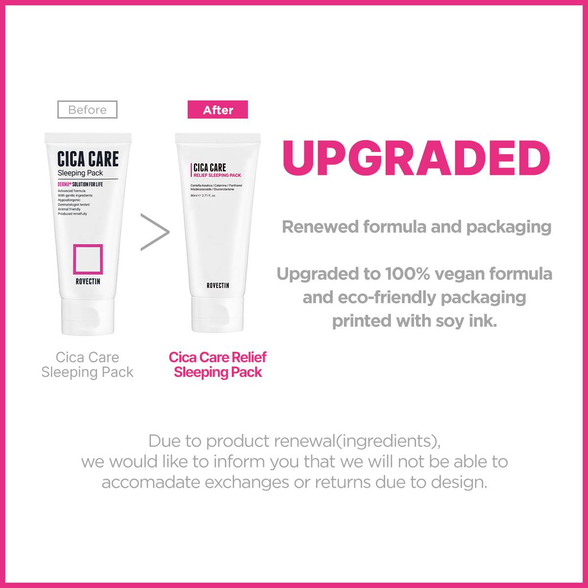 Rovectin Cica Care Relief Sleeping Pack 80ml upgraded formula and packaging before and after
